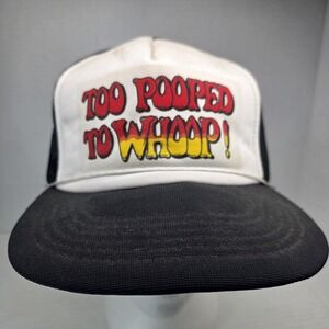 Vintage Yupoong Too Pooped to Whoop Trucker Hat Black White Mesh Snapback Korea